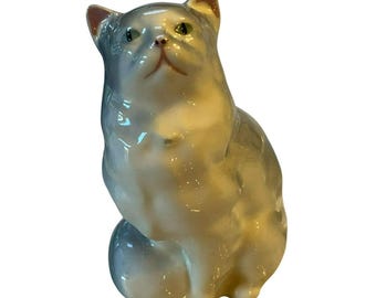 Robert Simons Vintage Ceramic Cat Figurine 4&quot; Blue Gray White Green Eyes