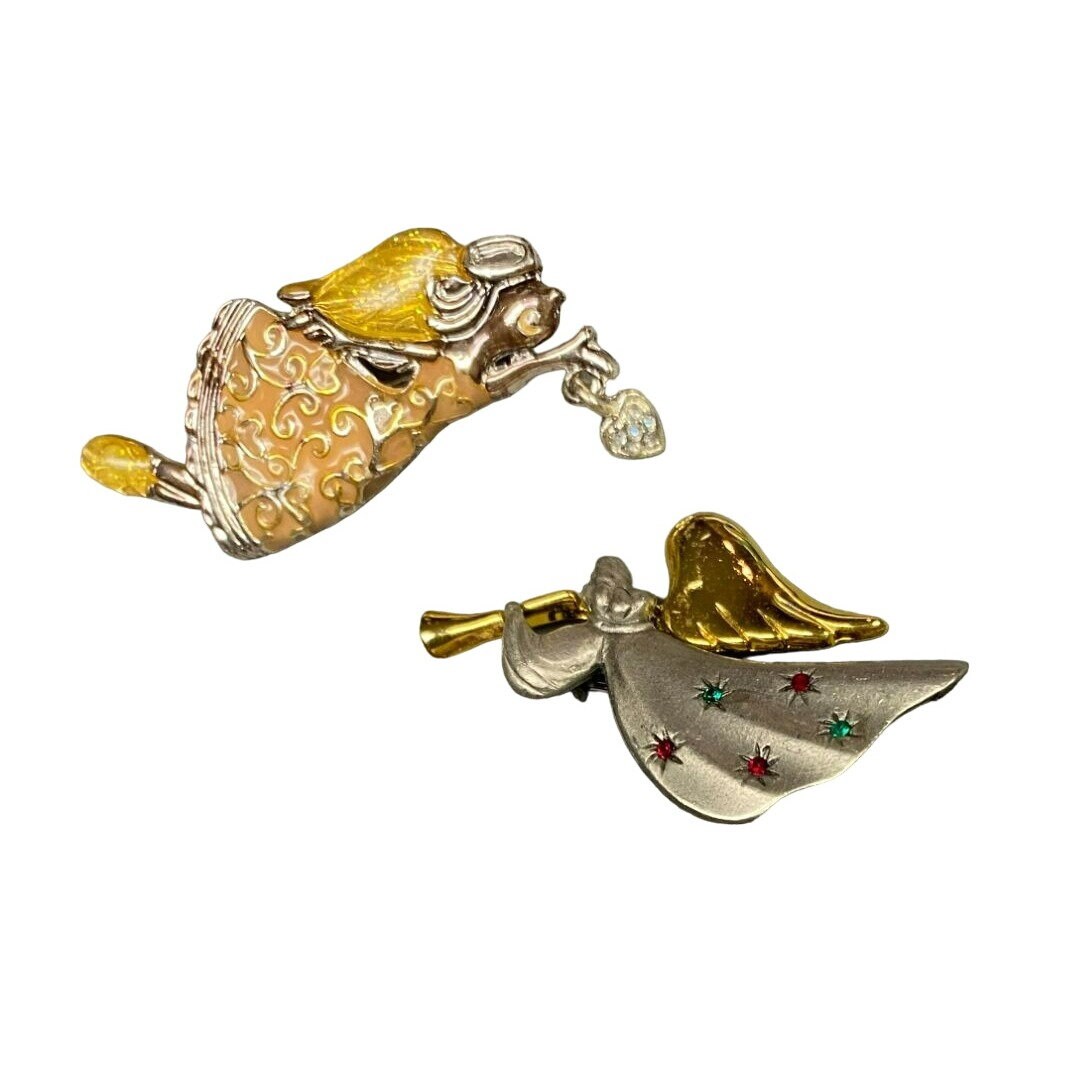ピーチ様 Vintage Signed AAI Peach Enamel Angel and Pewter Angel Brooches