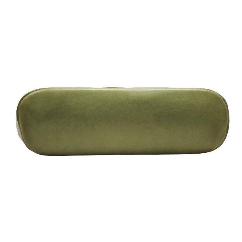 May include: The bottom of a green leather handbag. The bag is made of a soft, supple leather and has a smooth, even texture.
