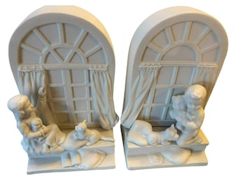 Vintage Ceramic Boy & Girl With Cats Bookends - Arched Window Design White 2 Pc Set