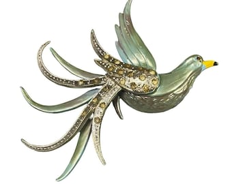 Vintage Art Deco Blue Enamel Rhinestone Bird Brooch Pin
