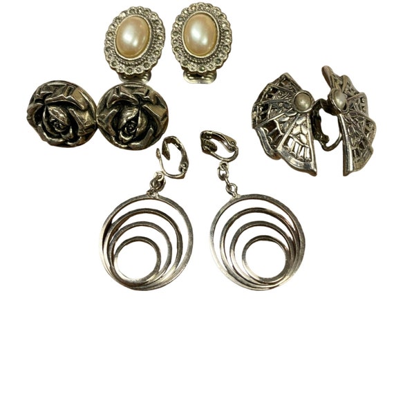 4 Pair Vintage Silver tone Clip on Earrings inclu… - image 1