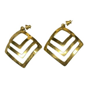 Vintage 80s Gold tone Triple Square Pierced Dangle Earrings