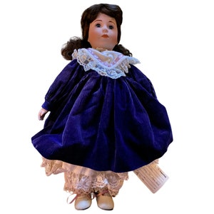 16 Inch Heirloom Treasure Happyland Brunette Porcelain Doll in Blue Dress Christmas Doll