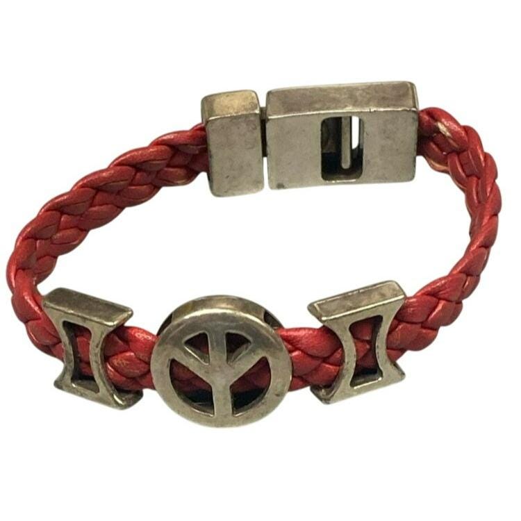 Argentos Red Braided Leather Bracelet With Silver Peace Sign Symbols