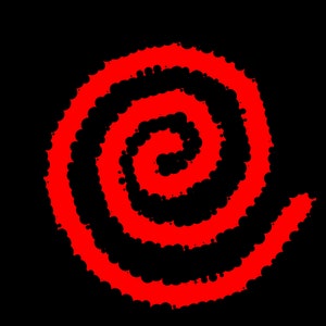 May include: A red spiral design on a black background. The spiral is formed by a series of red dots, creating a textured effect. The design is centered and fills most of the frame, offering a bold, graphic look.