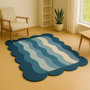 Wavy Scallop Edged Area Rug Hand-Tufted Rectangle Area Rug Custom Size for Living Room, Bedroom & Kids Room Decor 5x7, 6x9, 8x10, 9x12