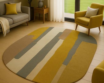 Handgefertigter Ovaler Wollteppich, Modernes Abstraktes Geometrisches Design