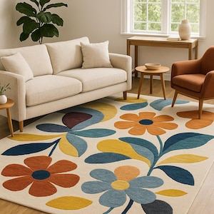 Handmade Tufted Wool Area Rug 8x10 - Colorful Floral Boho Retro Flowers on Cream Base, Living Room Decor