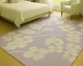 Hand-Tufted Wool Floral Area Rug: Lavender & Beige Botanical Carpet