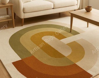 Hand-Tufted Wool Area Rug: Retro Arch Geometric Design, Earth Tones 8x10