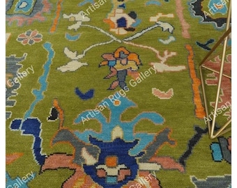 Olive Green Oushak Wool Rug 8x10: Hand-Knotted Turkish Carpet