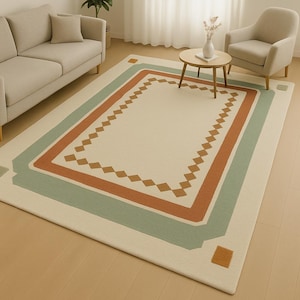 Geometric Modern Wool Area Rug – 8x10 Handmade Tufted Carpet with Yellow, Blue & Beige Abstract Border – Minimalist Living Room Rug
