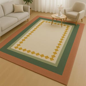Geometric Handmade Wool Area Rug 8x10 – Modern Carpet with Rust, Teal & Mustard Border – Contemporary Tufted Living Room Rug customize rug