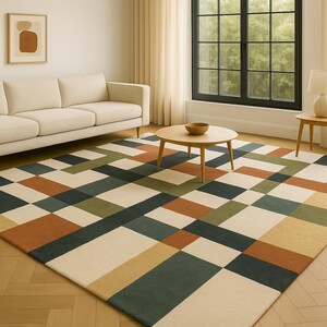 Modern Geometric Grid Pattern Handmade Tufted Wool Rug – 9x12 in Neutral and Blue Tones for Living Room Decor