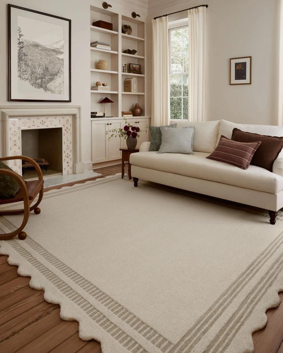 Scalloped Edged Area Rug in Cream and Light Beige - Custom Size Woven Carpet for Living Room, Bedroom, Office - Stylish 8x10 & 9x12 Rugs