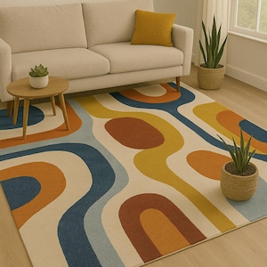 Irregular Retro Pattern Modern Abstract Wool Rug 8x10 – Hand-Tufted  in Navy, Rust, Mustard & Ivory – Modern Area Rug for Living Room Rug