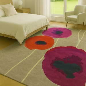 Bold Poppy Flower Design Modern Floral Area Rug 8x10 Handmade Tufted Wool Rug with Beige Base with Red and Magenta Bedroom & Living Room Rug