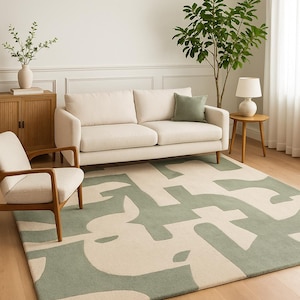 Abstrakter Teppich Handgemachter Wollteppich in Salbei Grün & Creme Minimalistischer Geometrischer Teppich für Wohnzimmer - 200x300 Neutral Art Dekor
