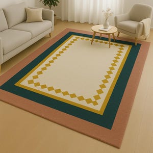 Handmade Wool Area Rug 8x10 – Modern Geometric Carpet with Rust, Teal & Mustard Border – Contemporary Tufted Living Room Rug customize rug