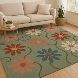 Tufted Floral Rug 8x10 Handmade – Soft Green Botanical Carpet with Pink, Red & Ivory Flowers – Cozy Wool Area Rug for Living Room Decor