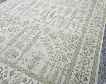 Hand Knotted Ivory Floral Oushak Rug, Wool Area Rug