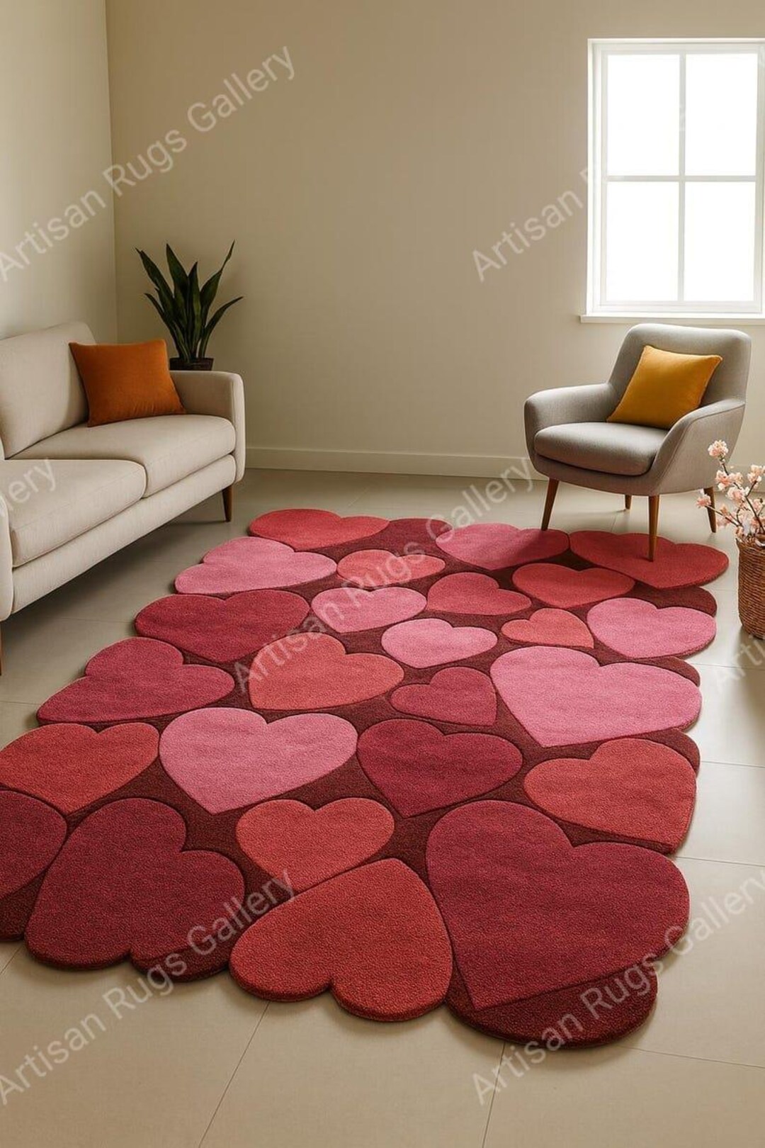Heart Shaped Wool Rug, Red Beige Burgundy, Handmade Love Theme Carpet ...