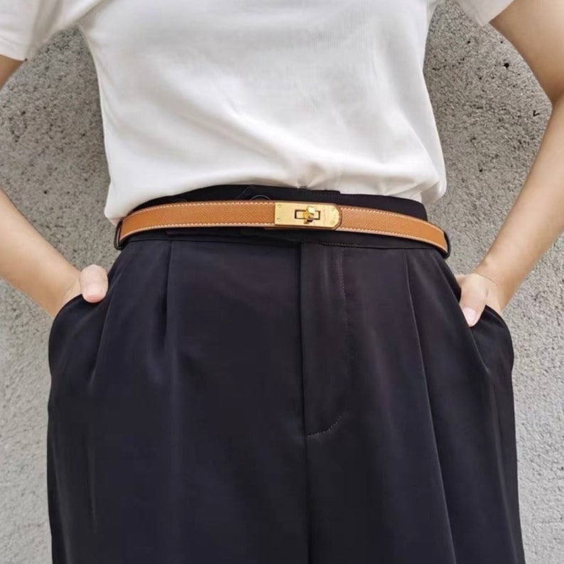 KASURE Stylish Luxury Belts for Female Golden Flower Metal Buckle Woman  Belt with Hole Party Dress Strap Gold Waistband PU Sash