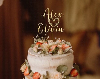 Topper de pastel de boda personalizado con fecha y corazón, topper de pastel rústico, topper de pastel de guión de parejas personalizado para bodas