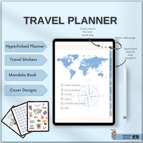 Travel Planner Digital for GoodNotes: Itinerary, Journal, Organizer, Checklist, Budget, Blue