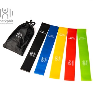 May include: Set of five resistance bands in black, blue, yellow, red, and green. The bands are labeled with their resistance level: X-Heavy, Heavy, Medium, Light, and X-Light. The bands are packaged in a black drawstring bag with the phat2phit logo.