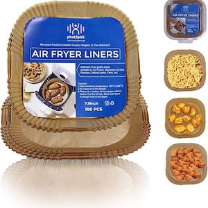 Air Fryer Paper Liner 20 cm, Quadrat 100 Stück Pergamentpapier, Air Fryer Einwegpapier für Mikrowelle, Antihaft Air Fryer Liner