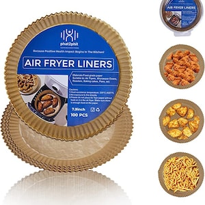 May include: A stack of 100 brown paper air fryer liners, 7.9 inches in diameter. The liners are designed to be used in air fryers, microwave ovens, roasters, and baking pans. The text on the packaging reads "phat2phit Because Positive Health Impact Begins in The Kitchen! AIR FRYER LINERS".