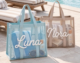Gepersonaliseerde strandtas, op maat gemaakte mesh draagtas, vrijgezellenfeestcadeautjes, cadeau voor bruidsmeisjes, cadeauset voor een meidenuitje, zwembadtas met gepersonaliseerde naam