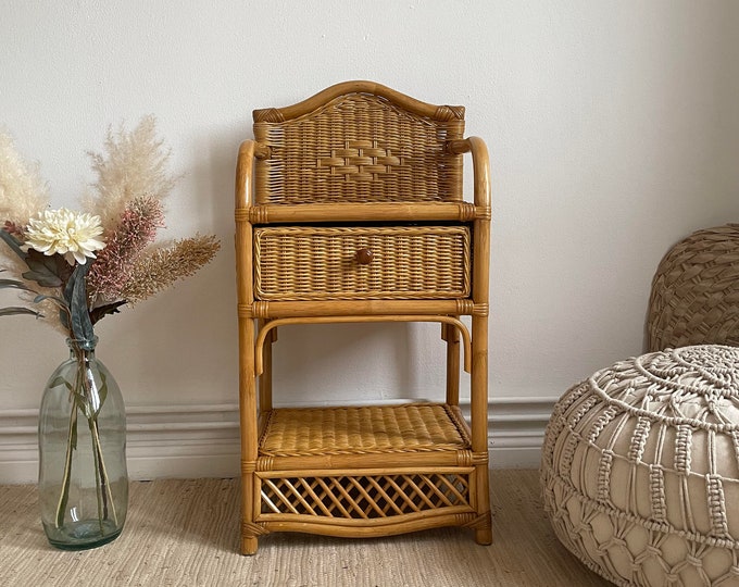 Wicker Side Table 1970 Beautiful Wicker Stand With 1 Drawer Rattan