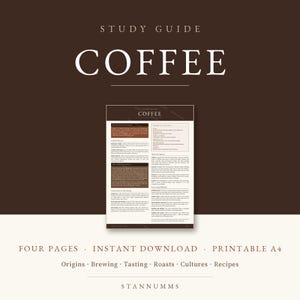 Può includere: Una guida allo studio digitale intitolata COFFEE contenente testo su origini, preparazione, degustazione, tostature, culture e ricette. Il documento è formattato per la stampa A4 e include quattro pagine di informazioni in marrone e bianco.