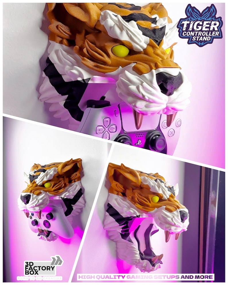 May include: A tiger-head controller stand in shades of brown, white, and black, with yellow eyes and pink lighting. The stand holds a white game controller. Text on the image reads "TIGER CONTROLLER STAND" and "HIGH QUALITY GAMING SETUPS AND MORE."