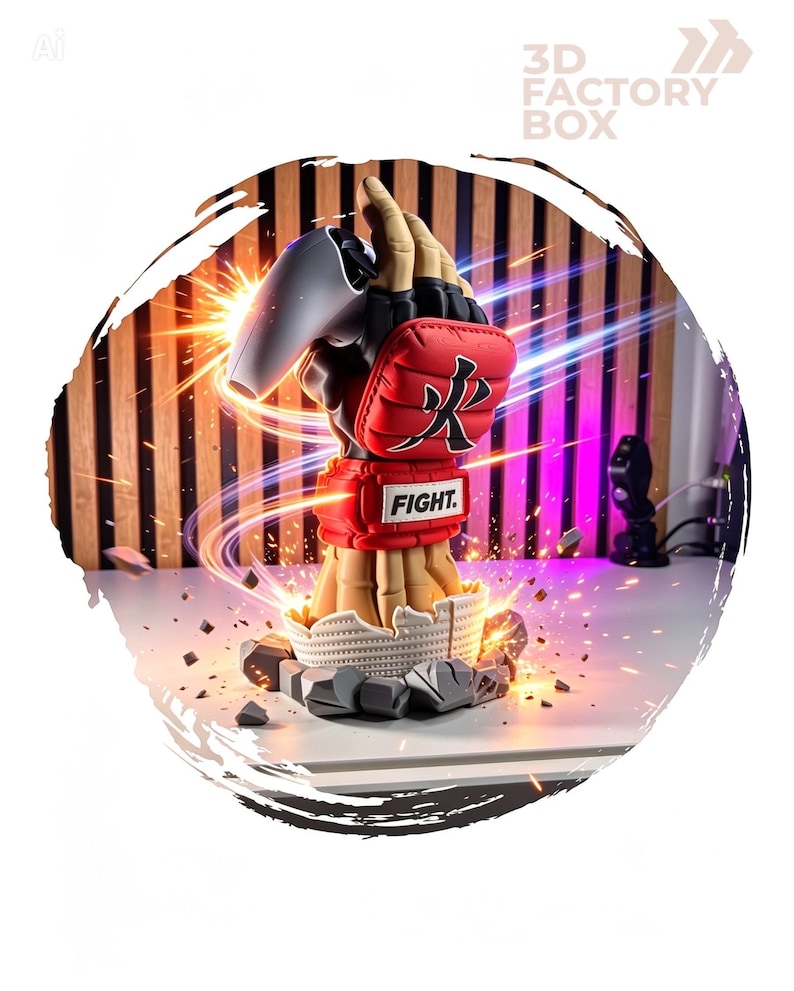 Puede incluir: Una mano esculpida con un guante de artes marciales rojo con el kanji japon&eacute;s de fuego y una mu&ntilde;equera blanca con la palabra FIGHT. La mano sostiene un mando de juego blanco, emergiendo de una base de piedra agrietada con efectos de luz.