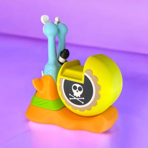 May include: A yellow and orange snail toy with a blue shell and a black skull and crossbones design on the back. The snail has a green leaf on its back.