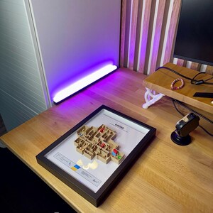 May include: A framed 3D model of a building layout, labeled "CACHE", with miniature figures and colored markers. The frame is black, and the model is set on a wooden desk. The logo "3D FACTORY BOX" is in the lower left corner.