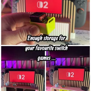 May include: A neon green game cartridge holder with a stack of game cartridges. The image also shows a Nintendo Switch console and the text "3D FACTORY BOX" and "Enough storage for your favourite switch games..."