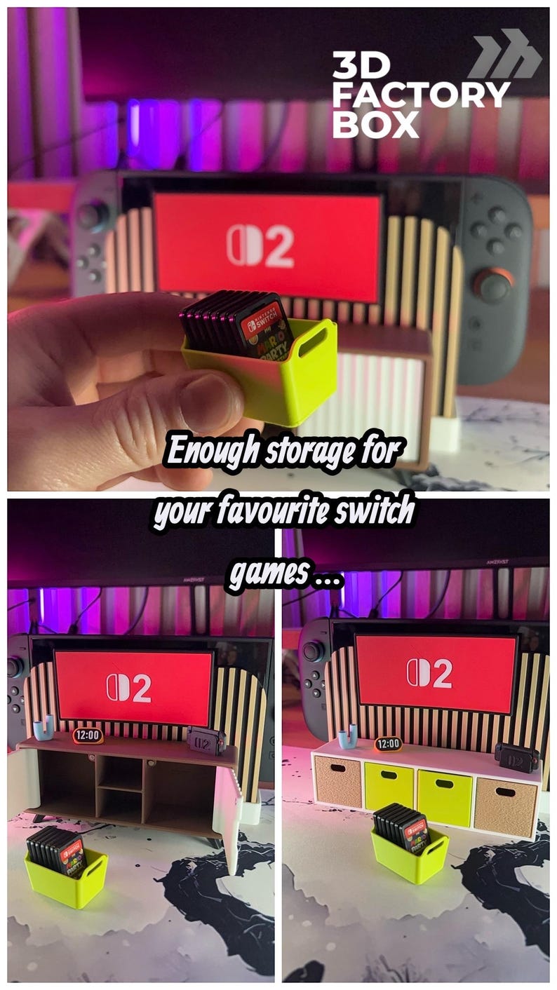 May include: A neon green game cartridge holder with a stack of game cartridges. The image also shows a Nintendo Switch console and the text "3D FACTORY BOX" and "Enough storage for your favourite switch games..."