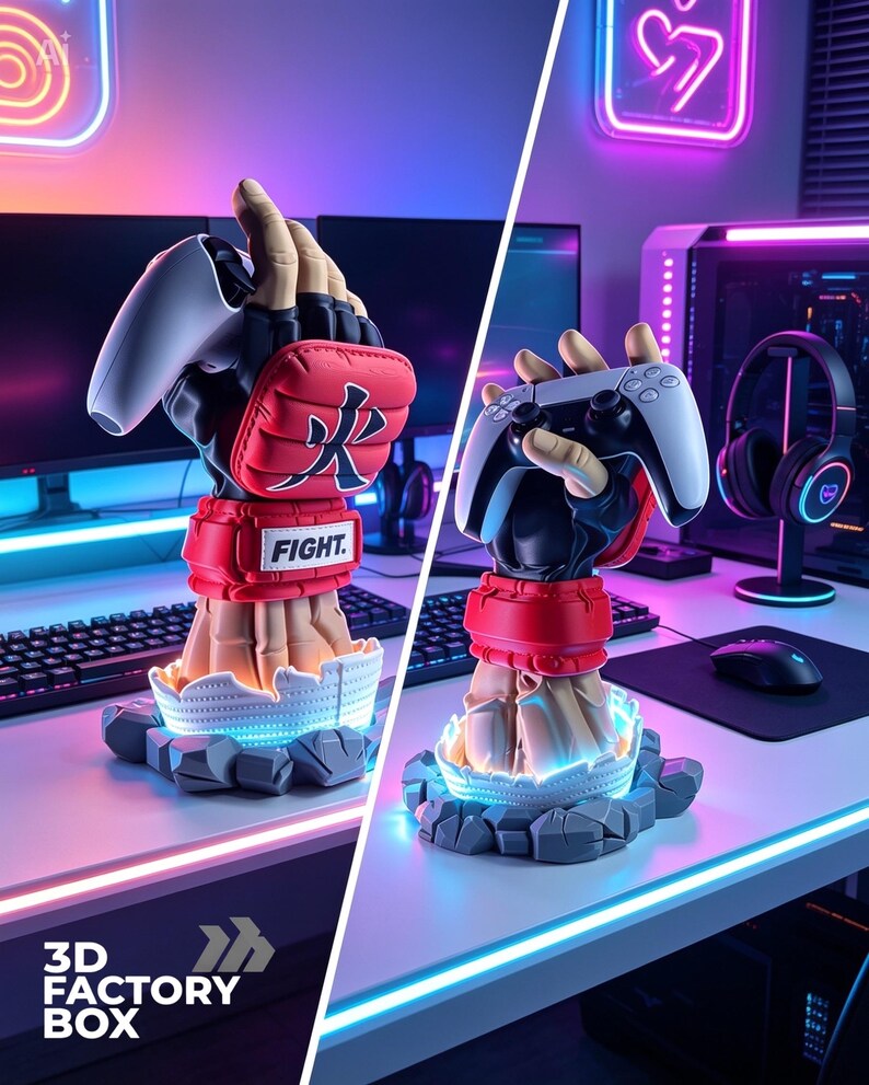 Puede incluir: Un soporte para mando de juego con forma de mano que lleva un guante de artes marciales rojo y negro con el texto FIGHT y un car&aacute;cter japon&eacute;s. La base presenta un dise&ntilde;o de piedra agrietada con luz azul, sosteniendo un mando blanco y negro.