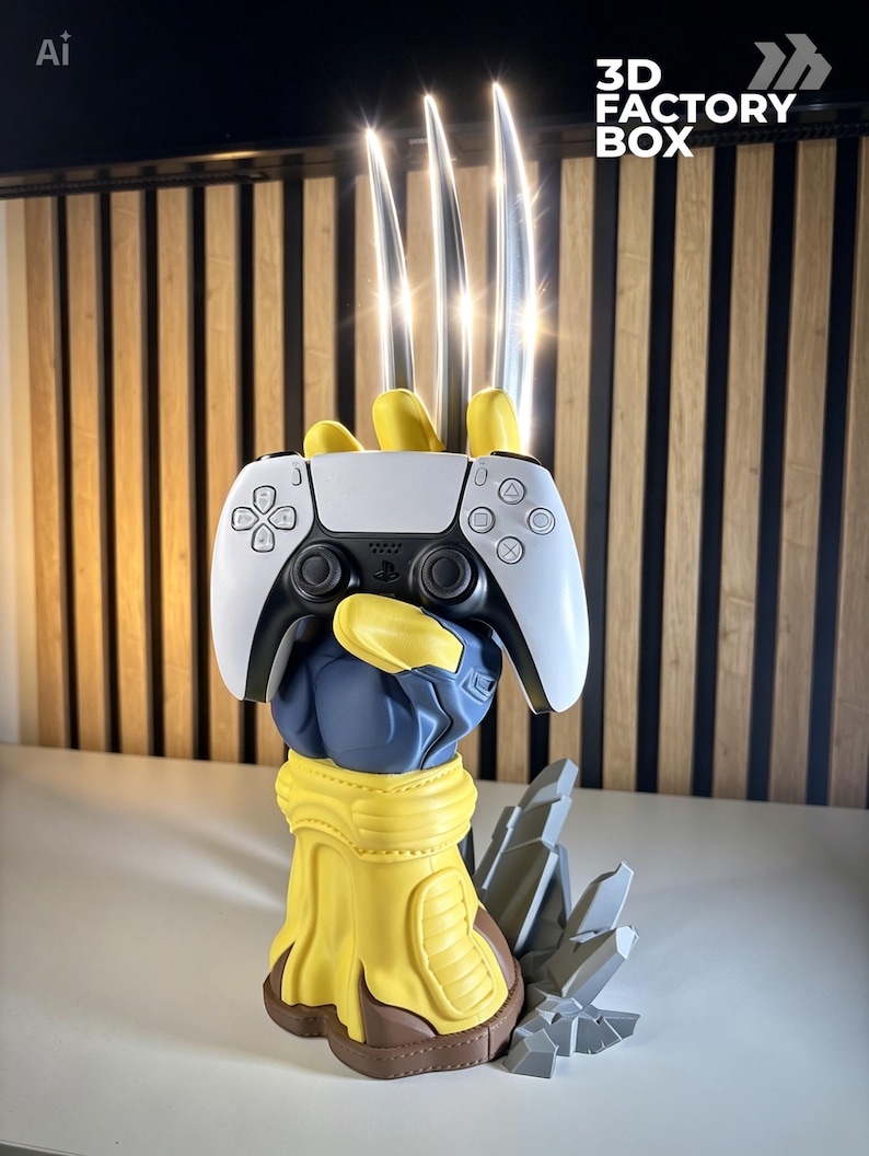 May include: A yellow and blue glove-shaped controller stand featuring three long, metallic silver claws extending upward. The stand holds a white and black wireless game controller. The base is sculpted with gray rock-like details.
