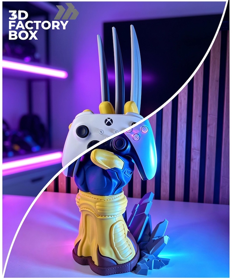 May include: A 3D printed controller stand shaped like a blue and yellow gloved hand with three long silver claws extending upward. The hand holds a white Xbox wireless controller. The base features jagged, crystalline rock-like structures.