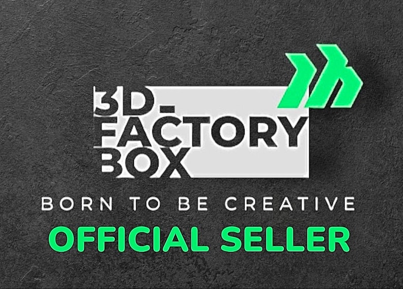 May include: A white rectangle with the text "3D-FACTORY BOX" in black and a green arrow logo. The text "BORN TO BE CREATIVE" is below the rectangle in black. The text "OFFICIAL SELLER" is below the text in green.