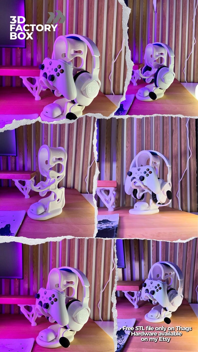 Peut inclure: Support de casque et de manette de jeu imprim&eacute; en 3D, de couleur blanche. Il maintient un casque JBL blanc et une manette Xbox blanche. Sur une surface en bois avec un fond violet et rose. Le texte "3D FACTORY BOX" est visible.