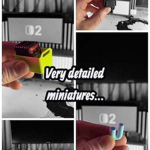May include: A collage of images showcasing miniature 3D-printed accessories. The accessories include a game cartridge holder, a small black device, and a blue and pink curved piece. The text "3D FACTORY BOX" is visible.
