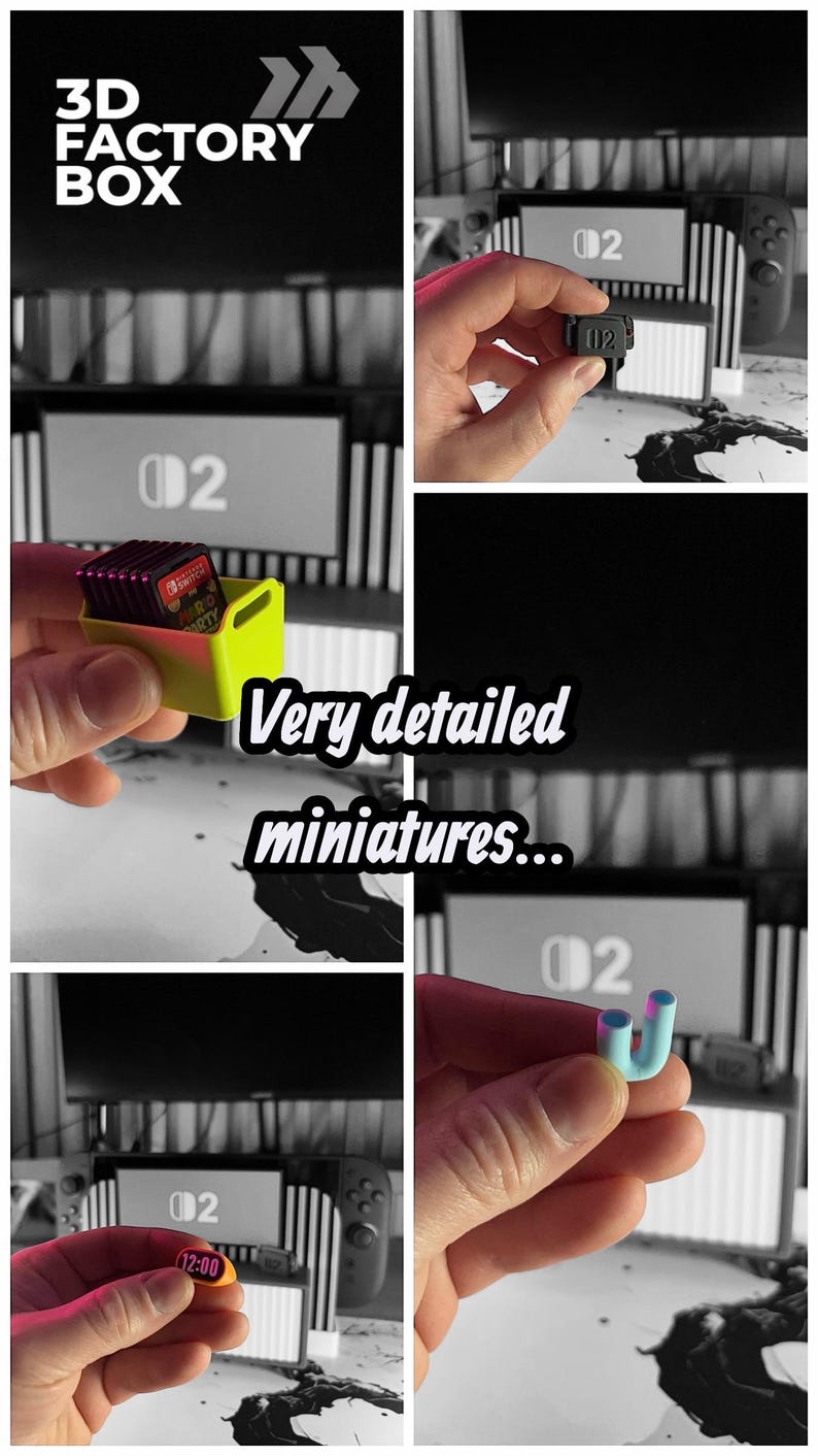 May include: A collage of images showcasing miniature 3D-printed accessories. The accessories include a game cartridge holder, a small black device, and a blue and pink curved piece. The text "3D FACTORY BOX" is visible.