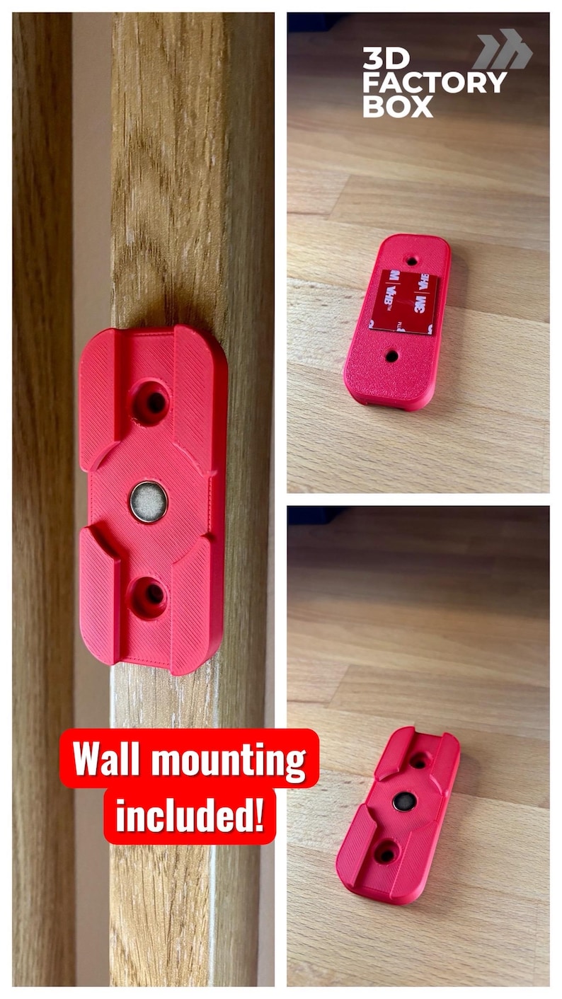 May include: Red wall mounting bracket with a magnetic center and two screw holes. The bracket is shown in multiple views, including one attached to a wooden surface. Text on the image reads "Wall mounting included!"